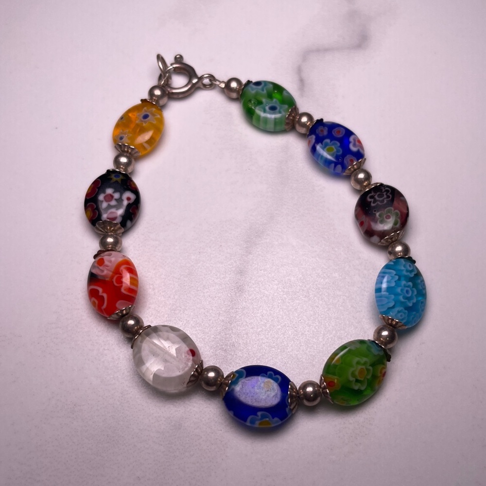 Millefiori Glass & Sterling Silver Bracelet